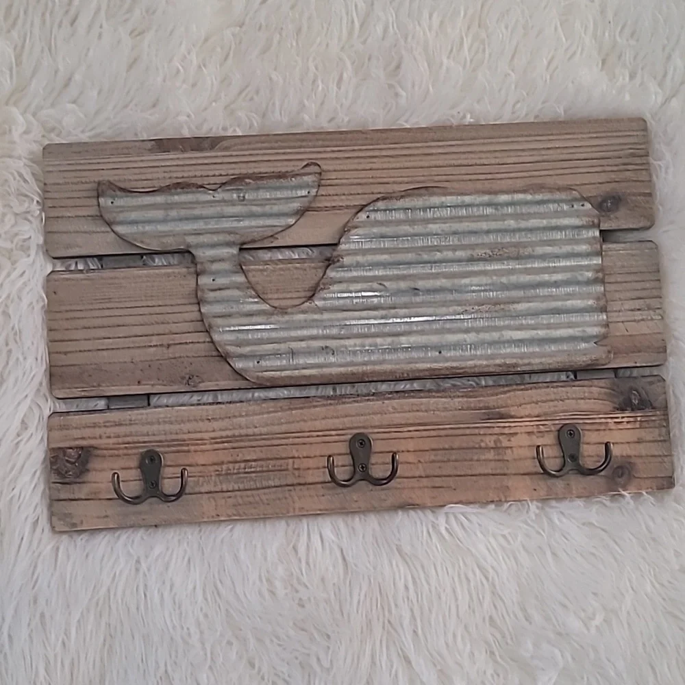 Wood Sign with Metal Whale